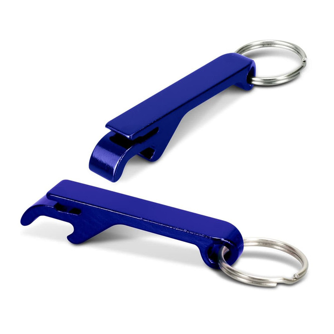 A drink bottle opener key ring in a sleek blue finish with a metal keyring attachment and a streamlined design.
