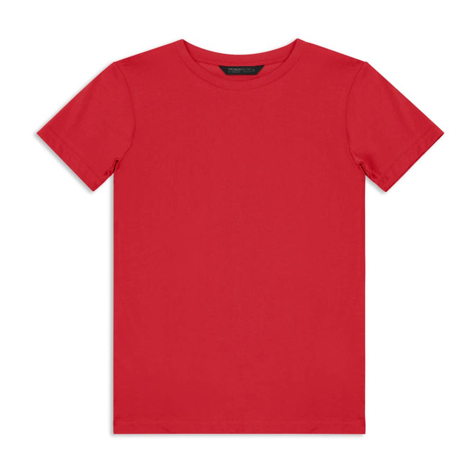 A plain red youth t-shirt with a crew neck and short sleeves, featuring a small logo.