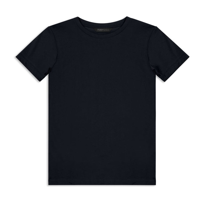 A plain navy youth T-shirt with a round neckline and short sleeves, featuring a logo on the label.