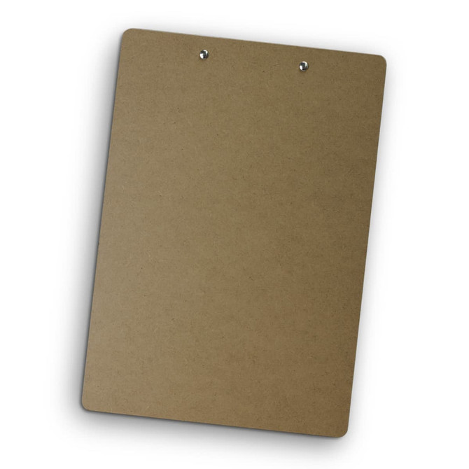 A brown clipboard made of hardboard with two metal clips at the top. It has a smooth surface and rounded corners.