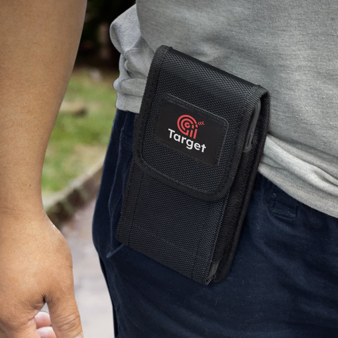A black phone pouch with a logo, featuring a secure flap and designed for attaching to a belt or waistband.