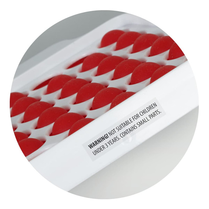 A square fidget popper board featuring red popper buttons set in a white base, surrounded by a circular border.