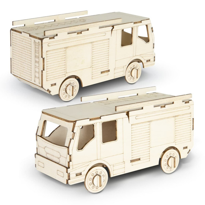 A wooden model of a fire truck in natural wood colour, featuring detailed cutouts and wheels. Includes a logo.