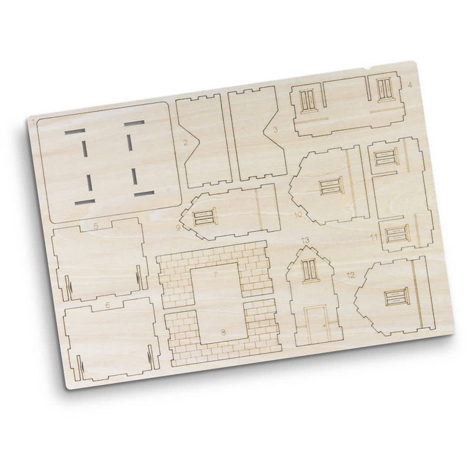 A wooden model kit featuring laser-cut pieces for assembling a house. The model is light beige in colour.
