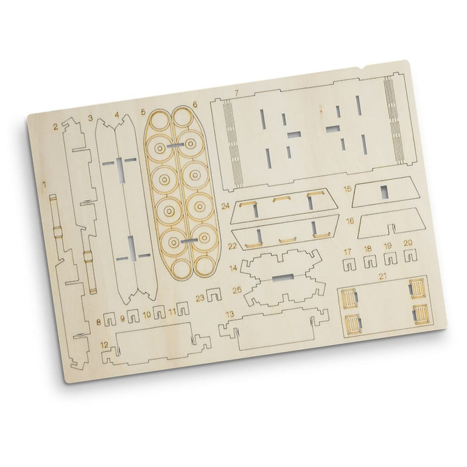 A wooden model kit featuring various pre-cut pieces for assembly, showcasing natural wood colour. Includes a branding logo.