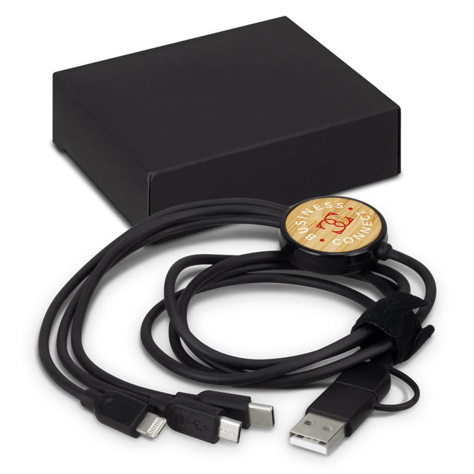 A bamboo triple connector charging cable with black cords and a circular branding piece, presented in a black box.