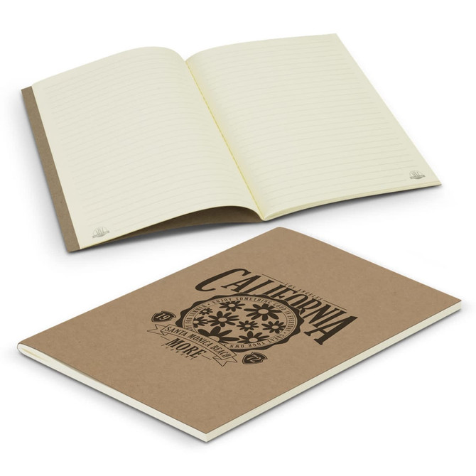 A soft cover notebook in brown with lined pages, featuring a decorative design on the front. It has a logo.
