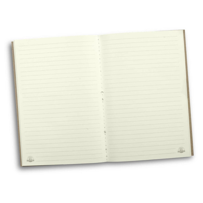 A soft cover notebook with lined pages, featuring a cream colour and a simple logo at the corners.