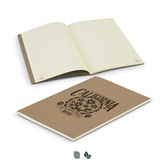 A soft cover notebook with a brown cover and lined pages, featuring a logo on the front.