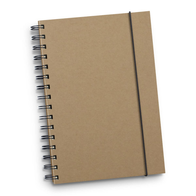 A brown spiral notebook with an elastic band closure features black spirals and a plain cover.