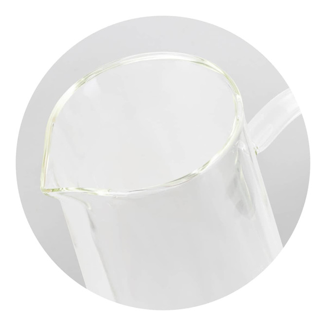 A drink bottle made of clear glass with a pour spout, featuring a minimalistic design and a logo.