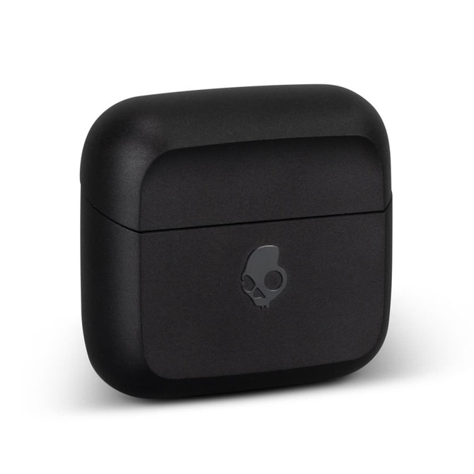A black charging case for Skullcandy Mod TWS earbuds with a logo on the front.