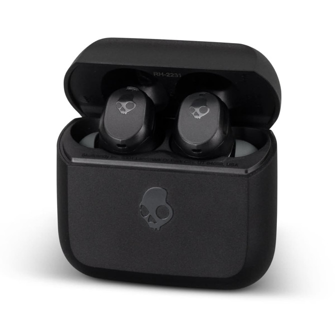 Black Skullcandy Mod TWS earbuds in a closed charging case, featuring a subtle logo on the case.