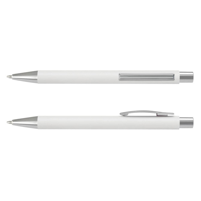 A white plastic pen with a silver clip and trim. The pen features a sleek, soft-touch design and a logo.