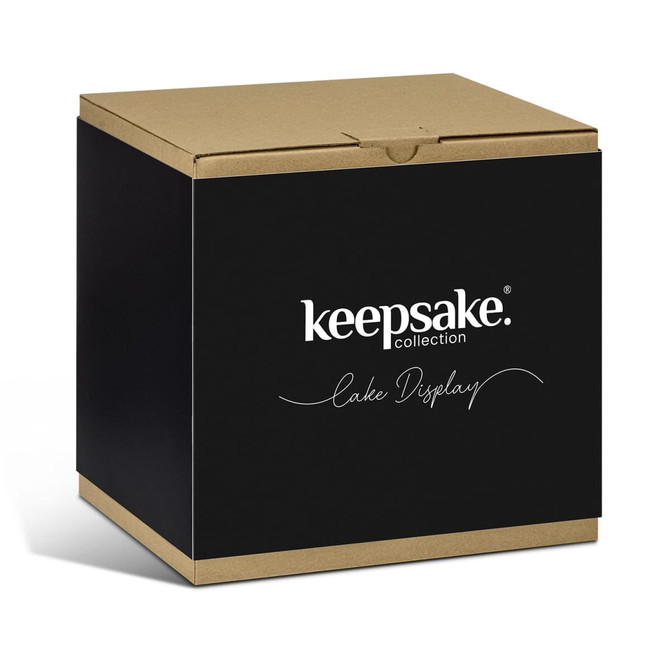 A black box with a kraft lid featuring the Keepsake logo, labelled as a Cake Display.