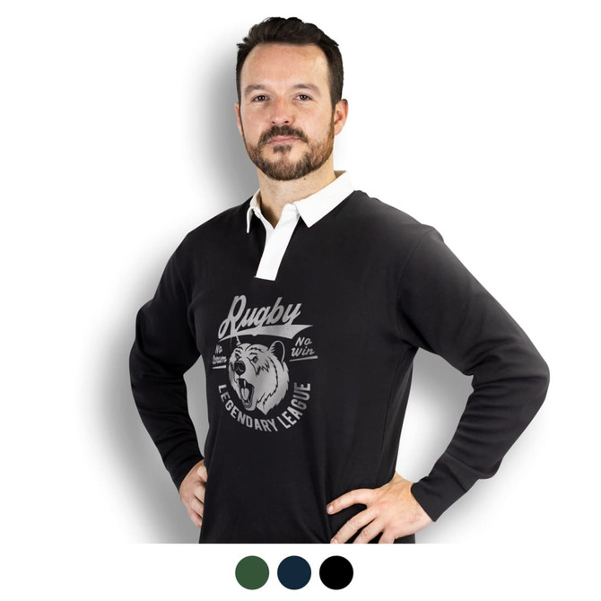 A black unisex rugby jersey with a white collar and a logo featuring a bear. It has a sporty, casual design.