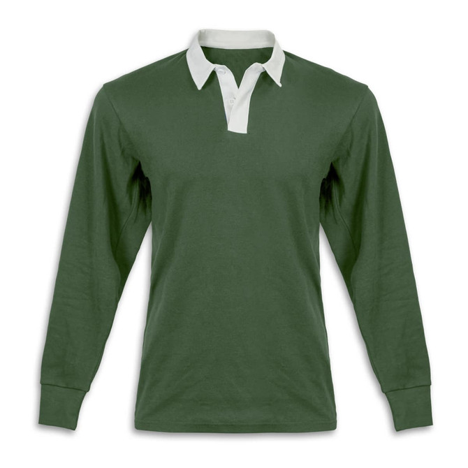 A green unisex rugby jersey featuring a white collar and long sleeves, with a logo present.