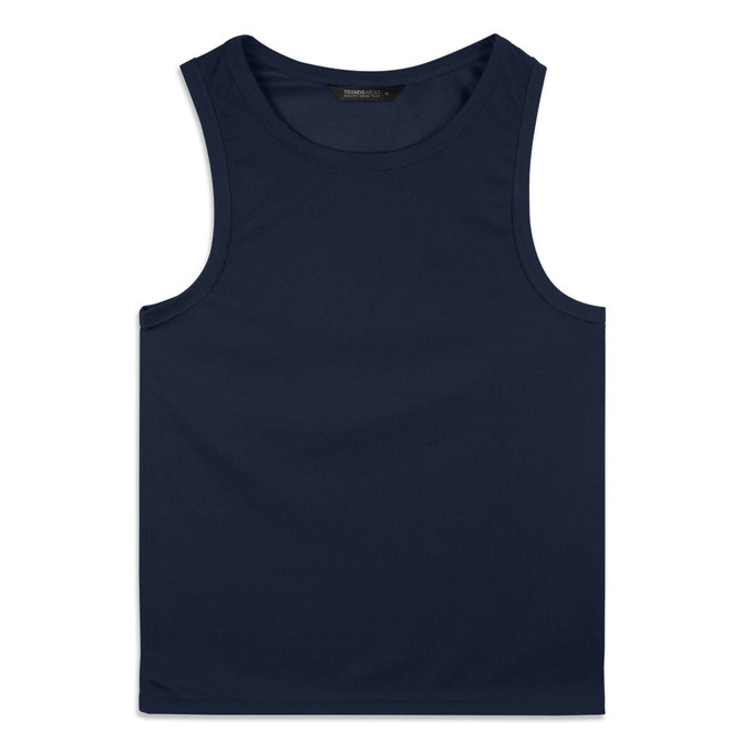 A navy blue men's sports tank top with a simple design and a logo. Ideal for athletic wear.