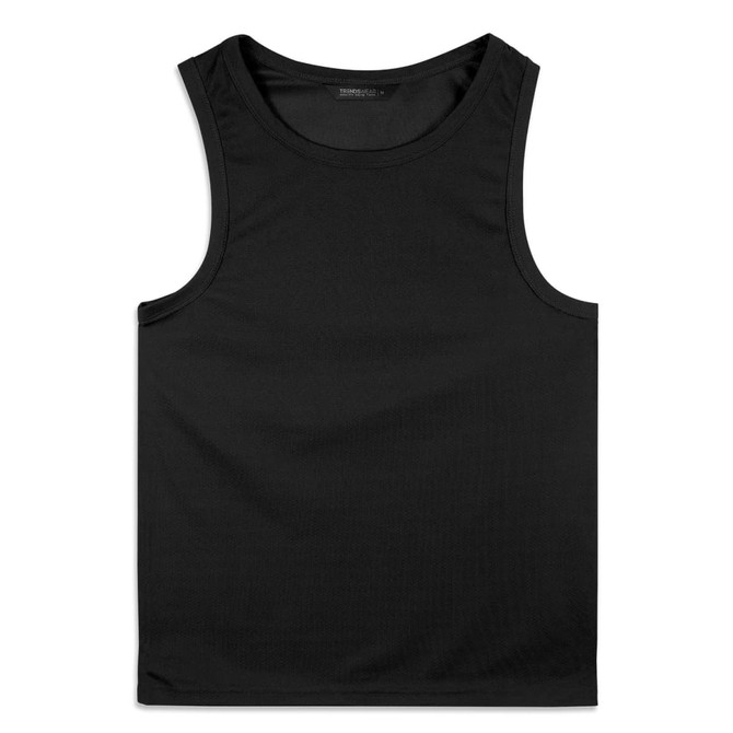 A black men's sports tank top with a smooth texture and a logo on the label.
