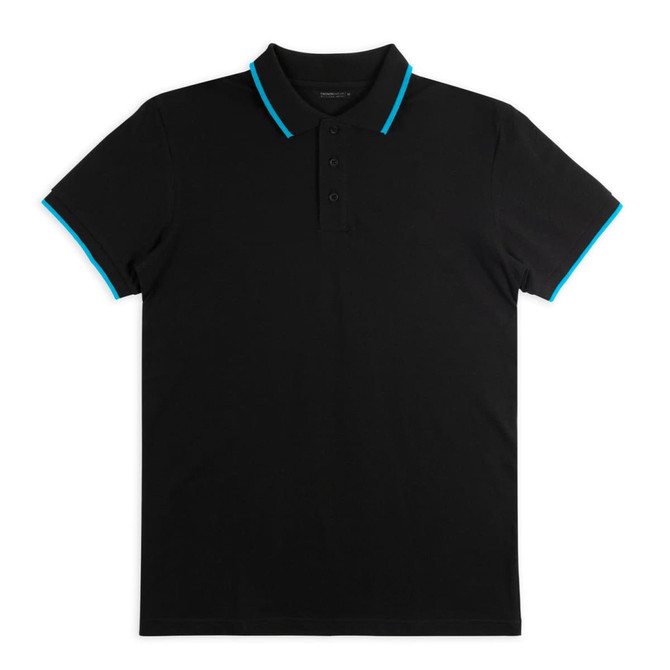 A black polo shirt with turquoise accents on the collar and sleeves, featuring a branded logo.
