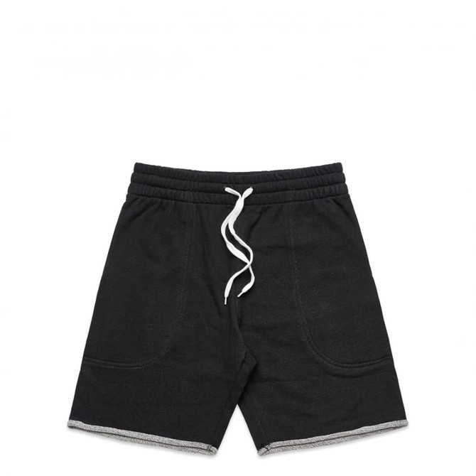 Black track shorts with a drawstring waist and a contrasting white trim. Features a logo on the front.