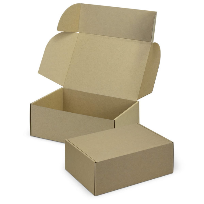 A brown die cut box with a locking lid, featuring an open and a closed position, showcasing its cardboard construction.