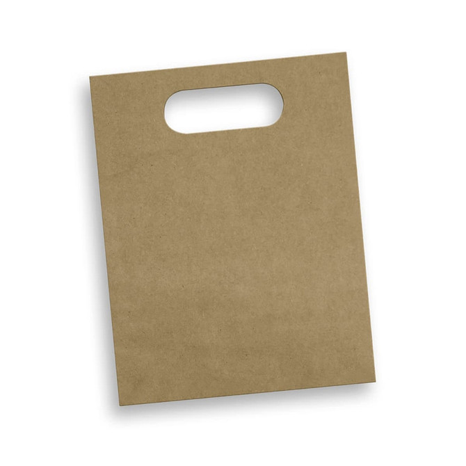 A medium-sized, die-cut paper bag in a brown kraft finish with a cut-out handle. It features a simple, clean design.