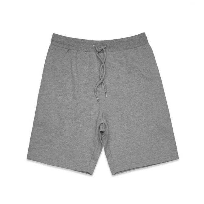 Grey sports shorts with an elastic waistband and drawstring, featuring a simple design and logo.