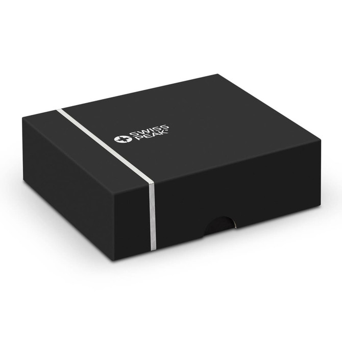 A black box with a silver band, featuring a logo, designed for Swiss Peak ANC TWS Earbuds.