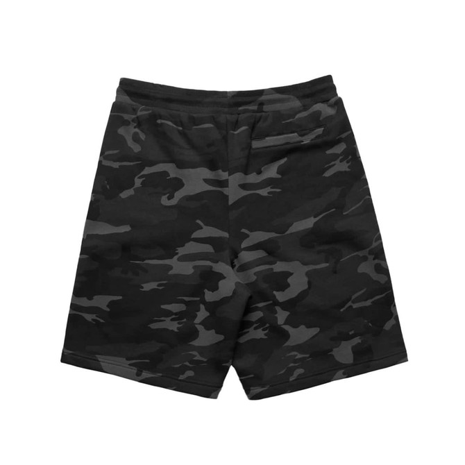 Black camouflage sports shorts with an elastic waistband and a logo. Back view shown.