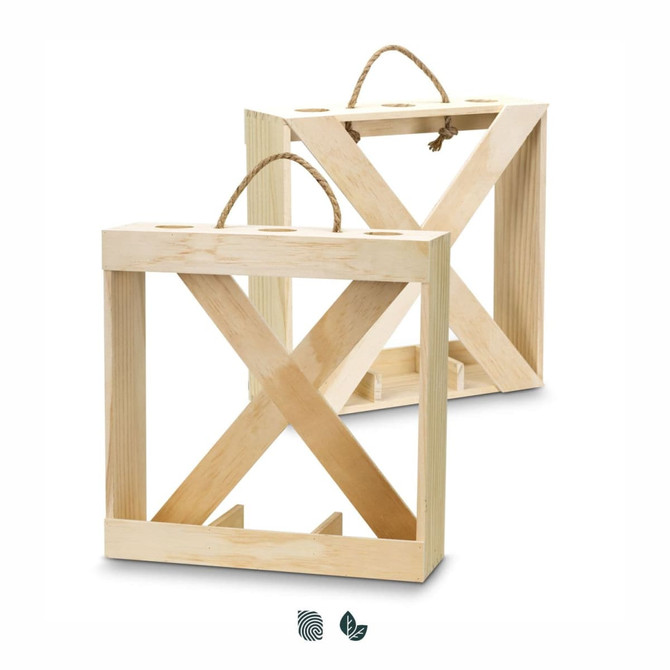 A wooden wine crate with a natural finish, featuring a handle and space for three bottles.