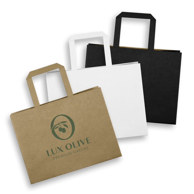 A medium flat handle paper bag in black, white, and brown, featuring a logo on the front.