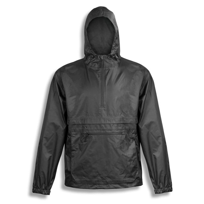 A men's windbreaker jacket in black with a hood and adjustable cuffs, featuring a front pocket and a branding logo.