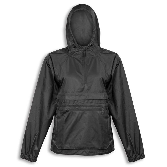 A black women's windbreaker jacket with a hood and a front pocket, featuring a logo.