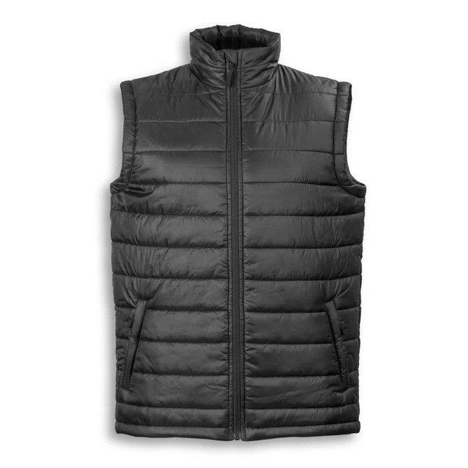 A black unisex puffer vest with a high neck and zip front, featuring two side pockets and a simple design.