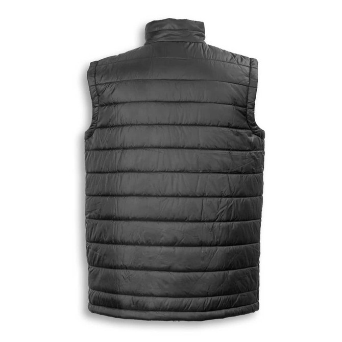 A black unisex puffer vest featuring a quilted design, showcasing a simple back view. It has a branding logo.