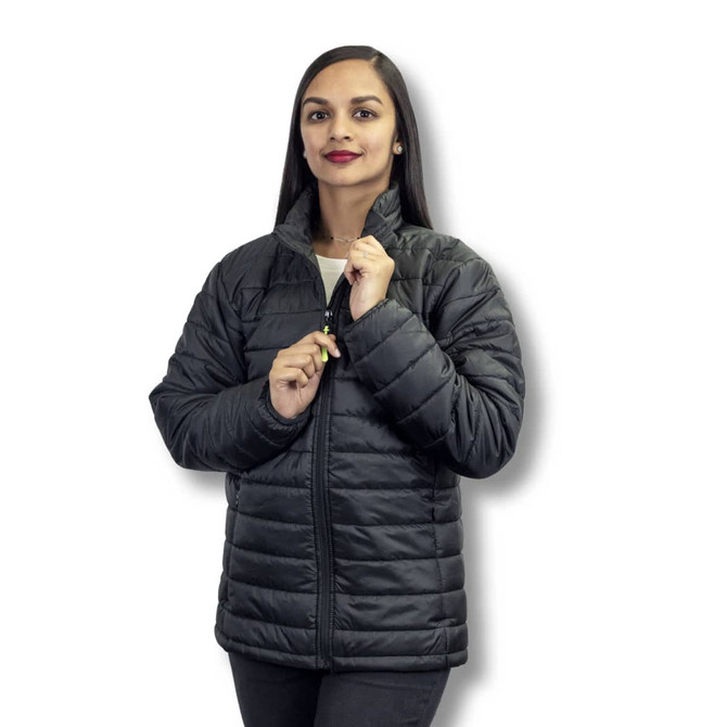 A puffer jacket in black worn by a model, featuring a high collar and zip closure. It has a logo on the chest.