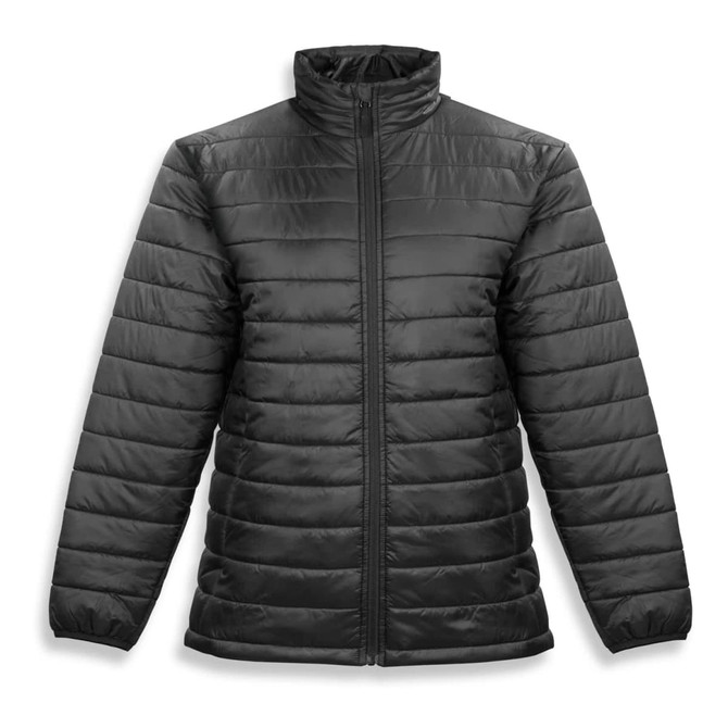 A black women's puffer jacket with a zip front and high collar, featuring a smooth, quilted design.