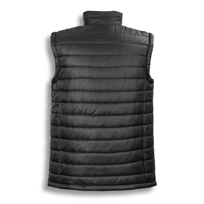 A black women's puffer vest with a quilted design and a high collar, featuring a branding logo.