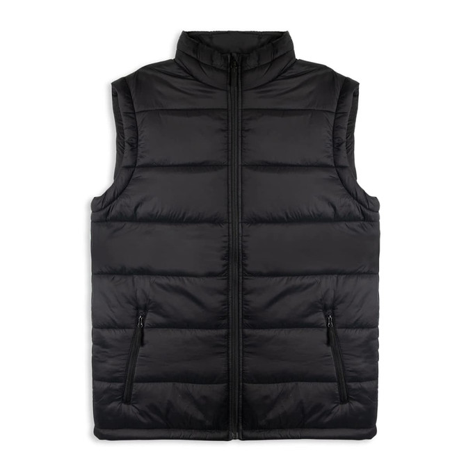 A black puffer vest with a high collar and front zip, featuring two side pockets and a logo.
