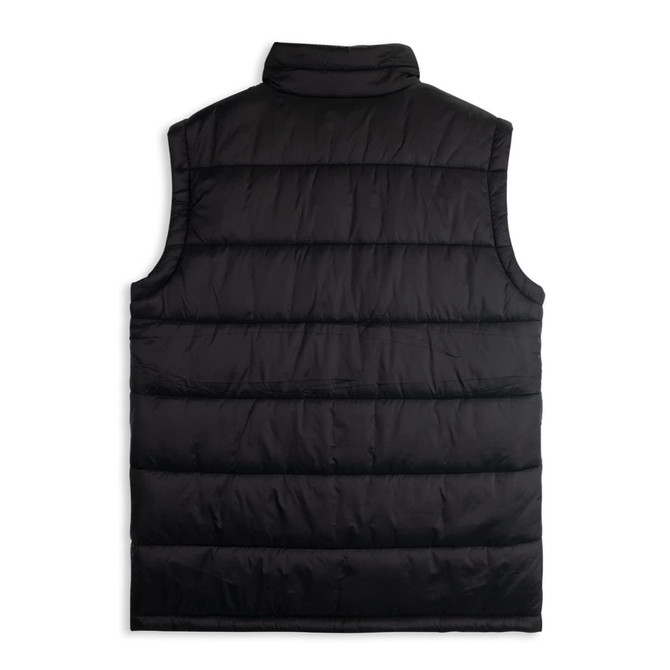 A black men's puffer vest with a quilted design and no sleeves, featuring a collar and a logo.