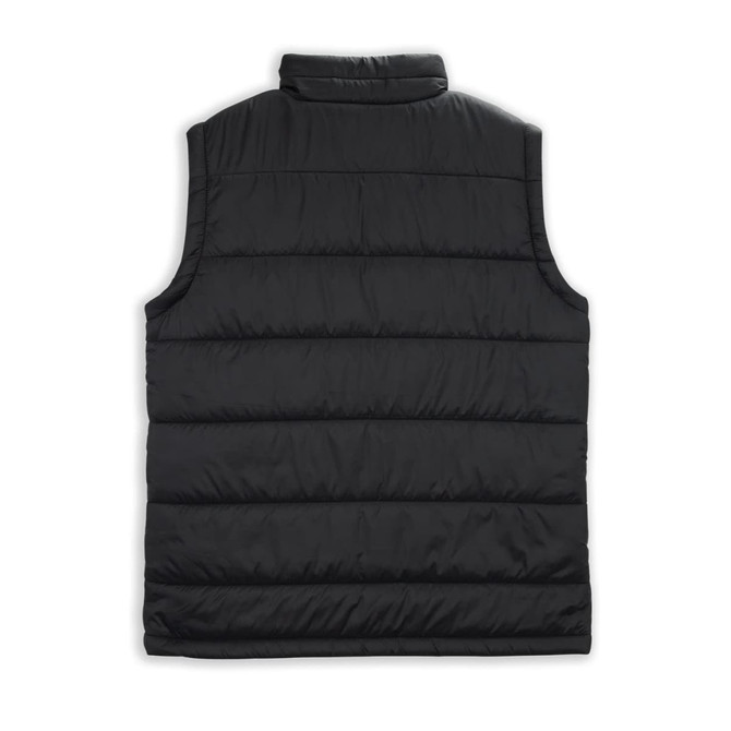 A black women's puffer vest featuring a quilted design and a high collar, with a logo on the back.