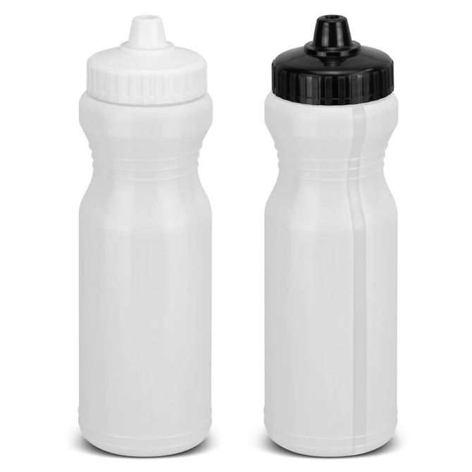 A drink bottle in white and black with a secure nozzle, featuring a logo on the body.