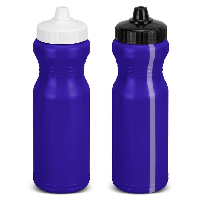 A drink bottle in vibrant purple with two lid options: black and white. The bottle features a logo on its body.