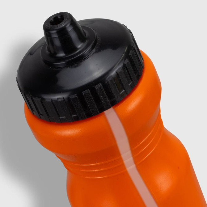 A drink bottle in bright orange with a black nozzle and cap, featuring a textured grip.