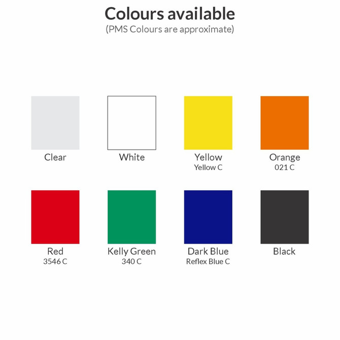 A drink bottle available in clear, white, yellow, orange, red, kelly green, dark blue, and black, with a logo.