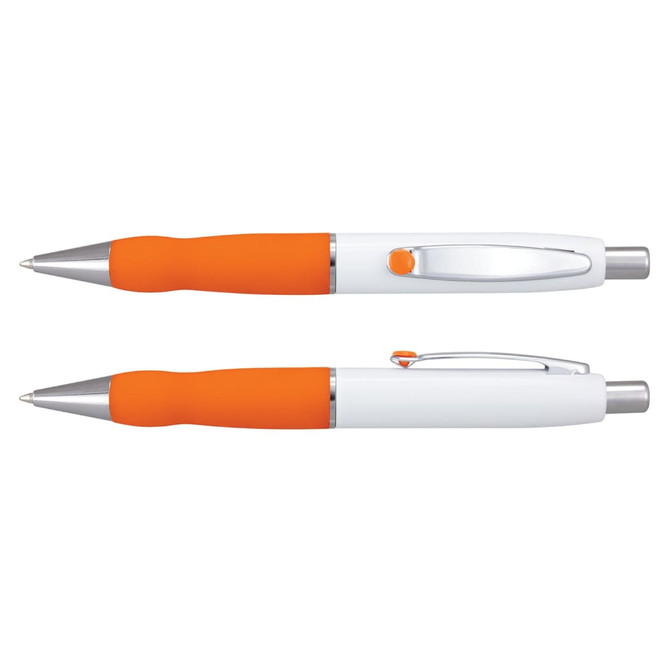 A metal pen with a white barrel and orange grip, featuring a silver clip and accents. It has a logo on the barrel.