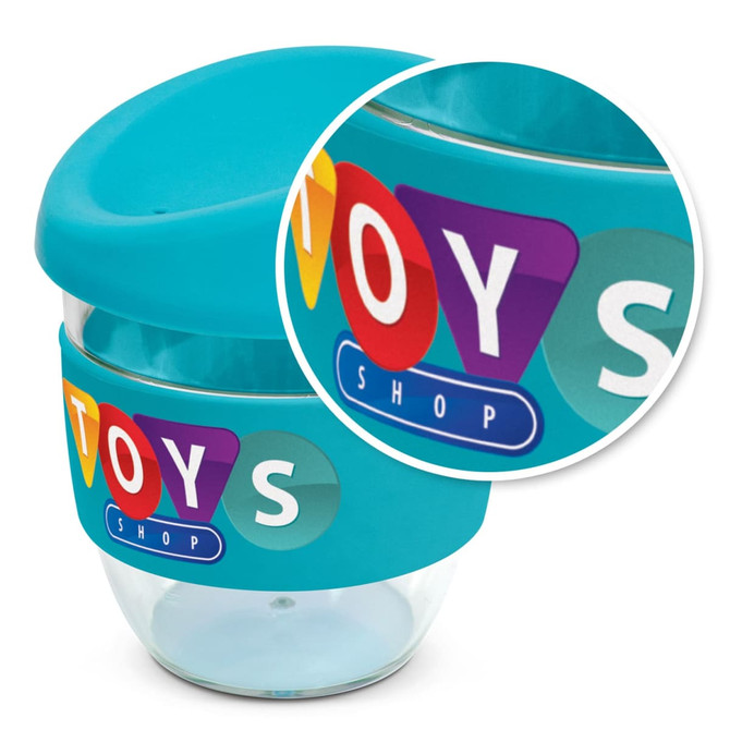 A drink bottle featuring a clear body and a teal lid, with a colourful branding wrap around the middle.