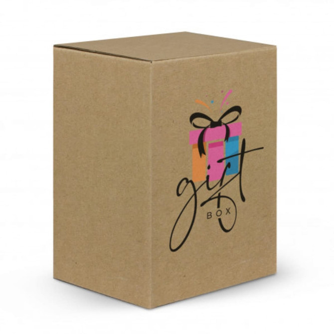 A gift box with a decorative design featuring colourful elements and a black ribbon on a brown cardboard background.