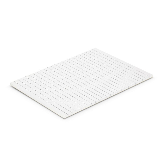 A notepad featuring lined pages, rectangular shape, and a clean white design, with a branding logo on it.